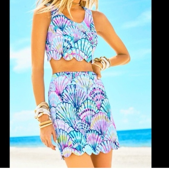Lilly Pulitzer Oh Shello Cadden Two-Piece Skirt Crop Top Scalloped Purple